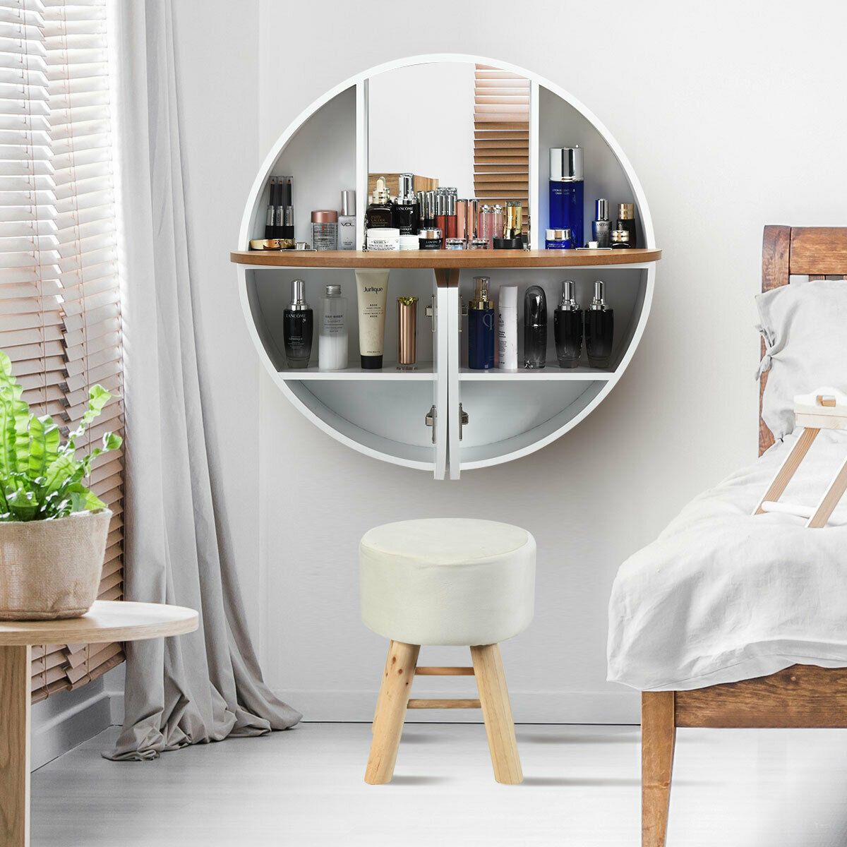 Wall Mounted Dressing Table Set with Mirror and Table Stool